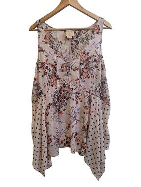 Vanessa Virginia Sheer Floral & Polka Dot Print Asymmetric Flowy Tank Top Sz L